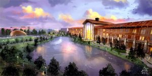  Fast Forward: Depicted on USA Niagara's "Niagara Experience Center" website, the Niagara Lodge resort footprint on Goat Island is massively larger and more ambitious, containing numerous amenities such as spa and amphitheater, dining rooms and pool.