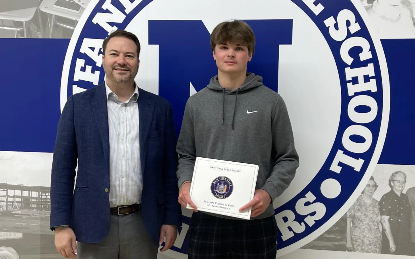 NEW YORK STATE SENATOR ROB ORTT PRESENTS CERTIFICATE TO NEWFANE HIGH SCHOOL STUDENT