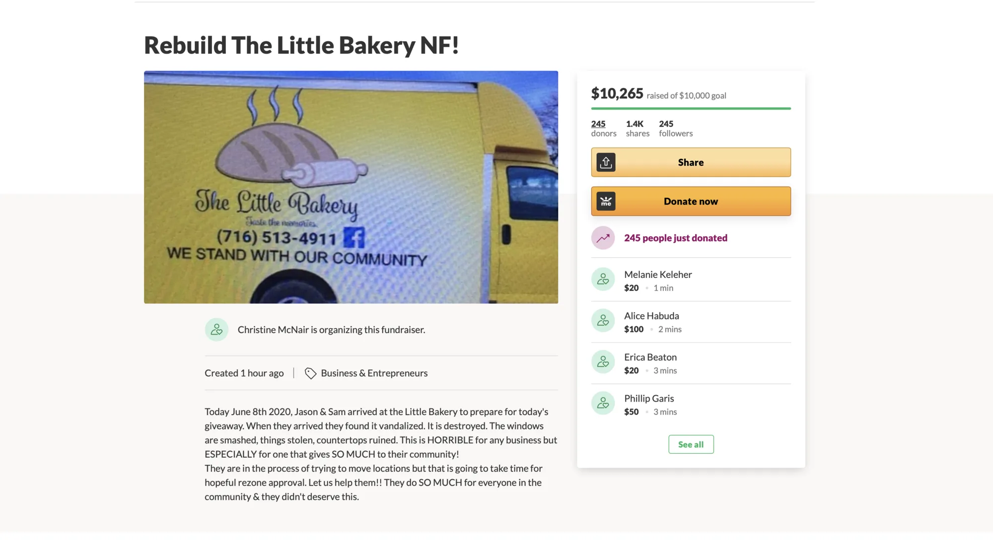 Go-Fund-Me Page for Little Bakery Raises Over $10,000 in First Two Hours