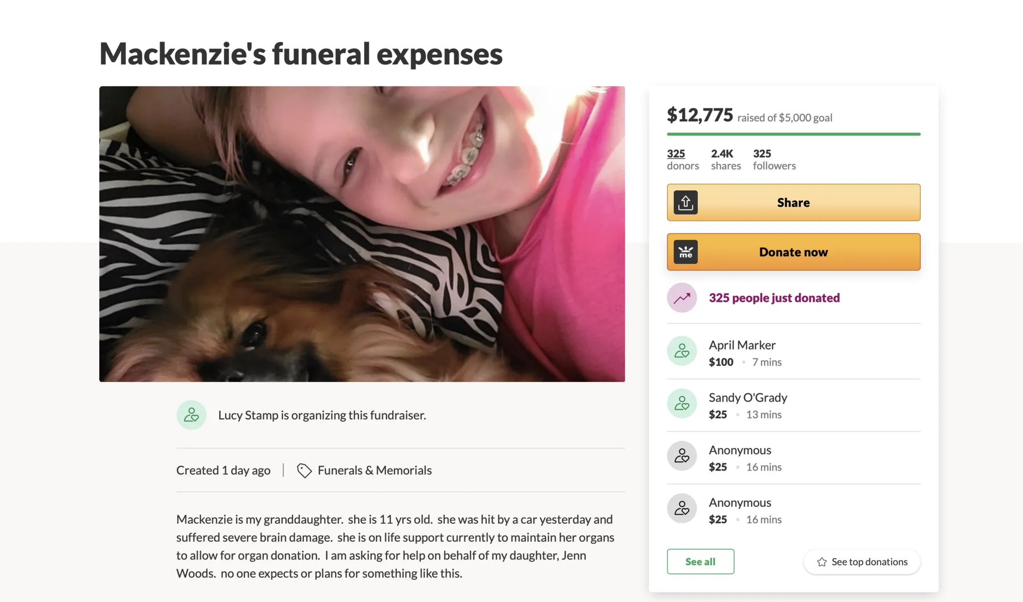 11-Year-Old Struck by Vehicle Dies; Three Organs Donated to Save Lives; GoFundMe Continues for Funeral Expenses