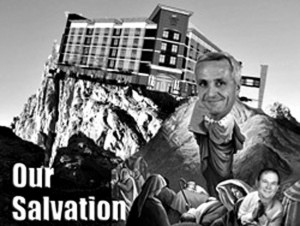 This is an artist depiction of the as yet to be built Hamister Hotel which was described at the time of its proposal as the salvation of Niagara Falls. The artist shows the Hamister Hotel atop the Biblical Mount Sinai, with elected officials in prayerful worship of Hamjister and his doings.