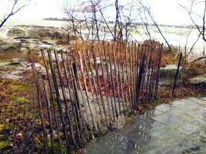 As part of its “Landscape Improvements” plan, State Parks fenced off the walkways on Three Sisters Islands, because they deemed the riverfront too dangerous, even though visitors have had unrestricted access and ventured out on the rocks for literally hundreds of years. Here, a section of the “chicken wire” fence, as some have referred to it, has been shoddily repaired with snow fence on the outermost island.
