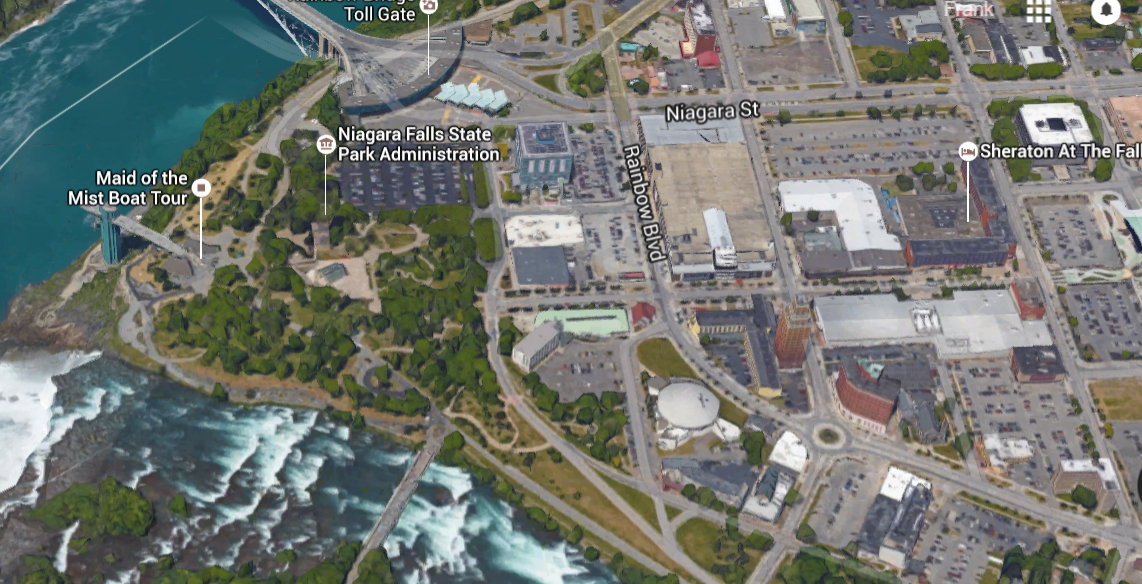 As one can see from the aerial picture, much of downtown Niagara Falls is being utilized for parking. Oddly, parking is in demand for only three months of the year, during the tourist season; the rest of the year, the lots are mostly empty.