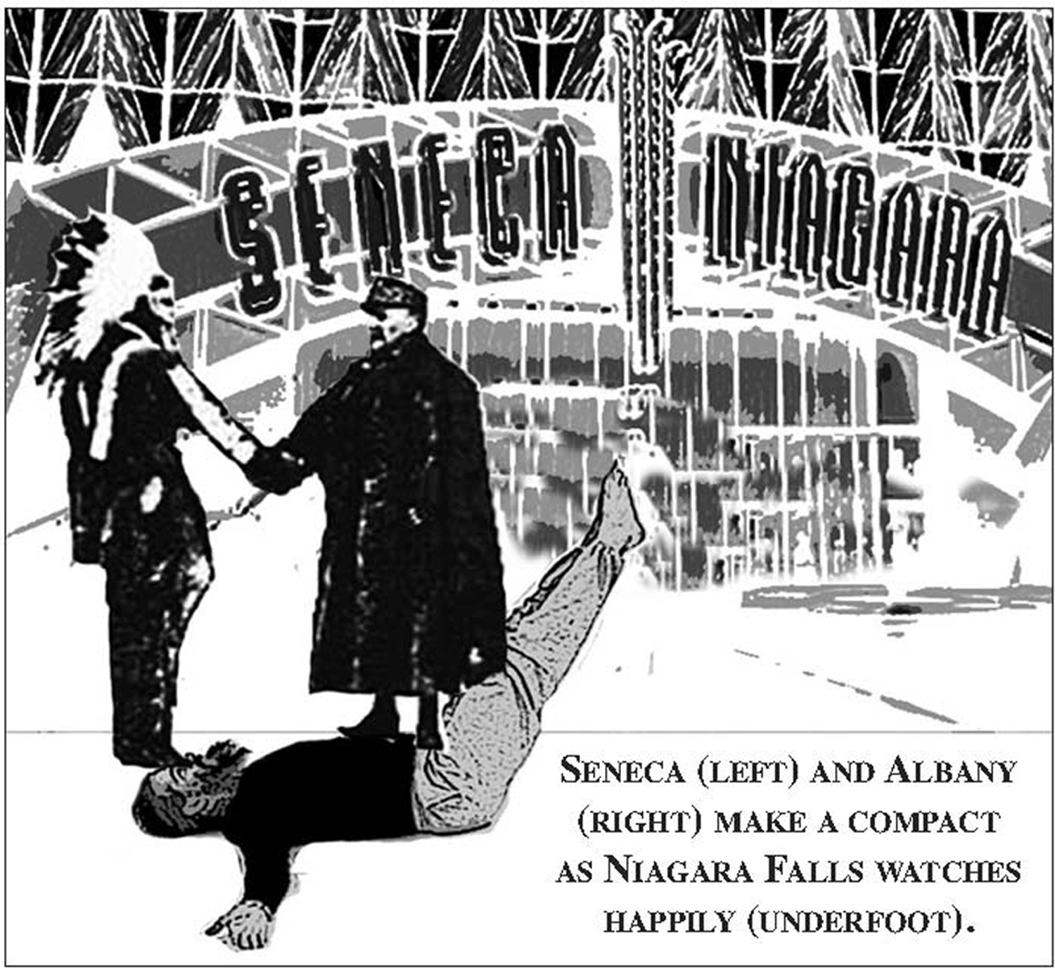 This egregiously politically incorrect cartoon was published back in 2006 to demonstrate the inequities of the Seneca compact with New York State which punished Niagara Falls as it enriches Albany and the Seneca by allowing a group of people by race to operate tax free while dumb Americans who live in Niagara Falls pay the highest taxes in the highest taxed state in America! Where are our elected leaders in opposing this?