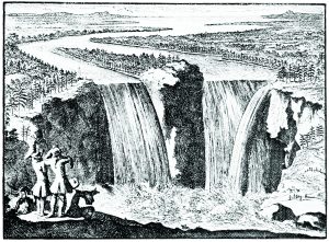 Although often attributed to Father Louis Hennepin, this 1683 woodcut was actually the work of an anonymous artist working his French publisher, and based on Hennepin’s written description of the falls.