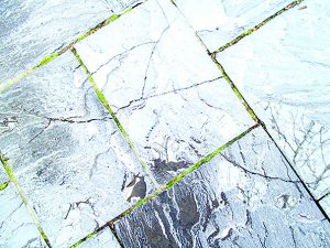 Three adjacent pavers in the Niagara Falls State Park, all exhibiting cracks.