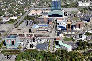 A: The proposed site of the fictional Wonderfalls. B: One Niagara. C: The Seneca CasinoD: The Giacomo Hotel, E: The site of the taxpayer subsidized Hamister hotel. F: The Niagara Falls State Park. G. The old Turtle Bldg. H: The Comfort Inn. I: The Old Hotel Niagara (vacant). J. City parking lot. K: Hard Rock Cafe.