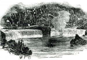 An 1833 woodcut depicting the Leonids meteor shower of that year over Niagara Falls.