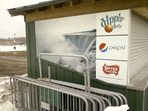 Delaware North food shanty near Top-of-the-Falls features graphic of falls - view while you chew.
