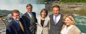 Mayor Dyster chums it up with his pals in the Niagara Falls State Park. L to R, State Parks Western Region director Mark Thomas of Chautauqua County, Dyster, State Parks Commissioner Rose Harvey, Cuomo, Niagara Frontier Parks Commission chairwoman Cindy Abbott Letro.