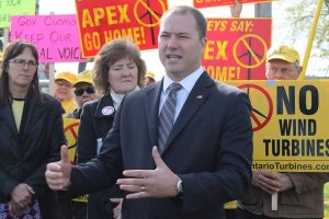 Senator Robert Ortt joins a protest against wind energy at the Niagara Falls Air Reserve Station last year.