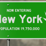 Illustration showing "now entering New York" highway sign with marijuana leaf, relevant to political issues relating to marijuana use and legalization
