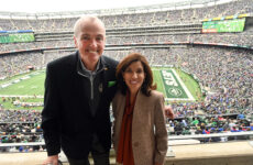 Gov. Hochul poses with New Jersey Governor Phil Murphy at last Monday's Bills vs. Jets game