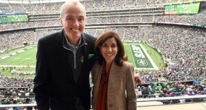 Gov. Hochul poses with New Jersey Governor Phil Murphy at last Monday's Bills vs. Jets game